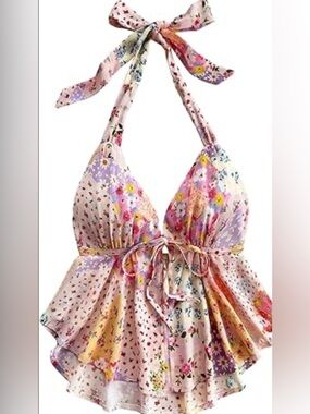 SOLY HUX Women's Floral Print Boho Flowy Halter Top Ruffle Trim Babydoll Vest